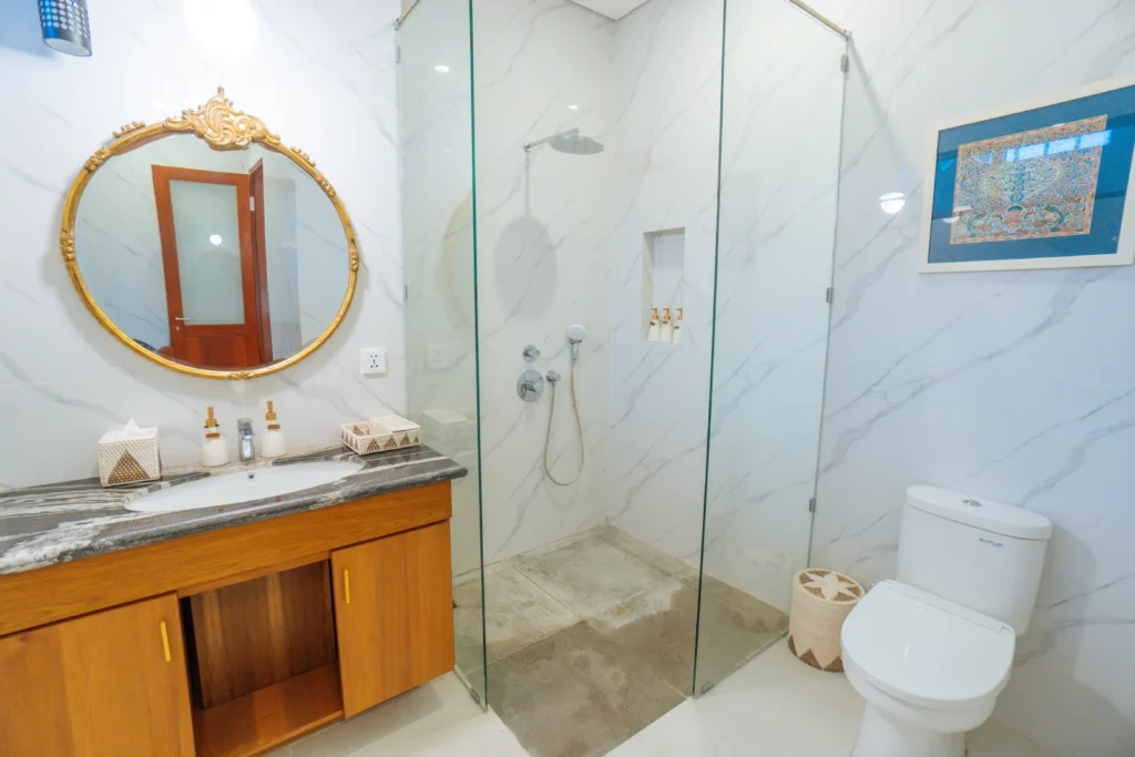 clean bathroom with mirror