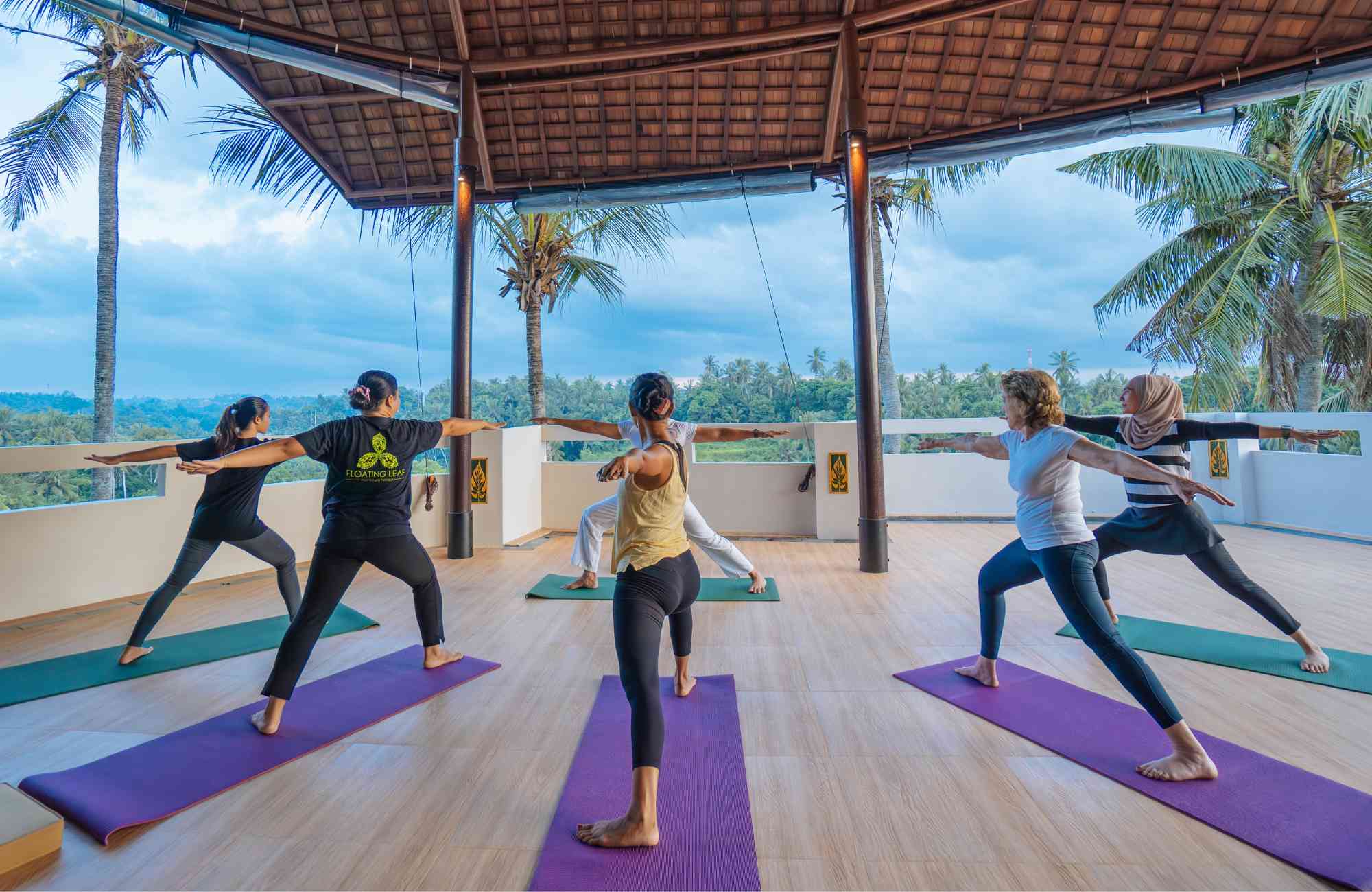 A group of participants practicing detoxifying yoga poses together in a serene setting, focused on cleansing the body and mind