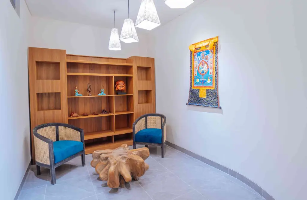 Peaceful counseling room at Bodhi Leaf, designed for private sessions with calming tones and comfortable seating for relaxation and reflection