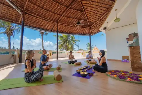 A group session of sound healing ritual guided by a sound healer