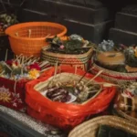 Traditional Balinese ceremonial offerings and decorations.