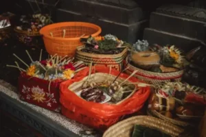 Traditional Balinese ceremonial offerings and decorations.